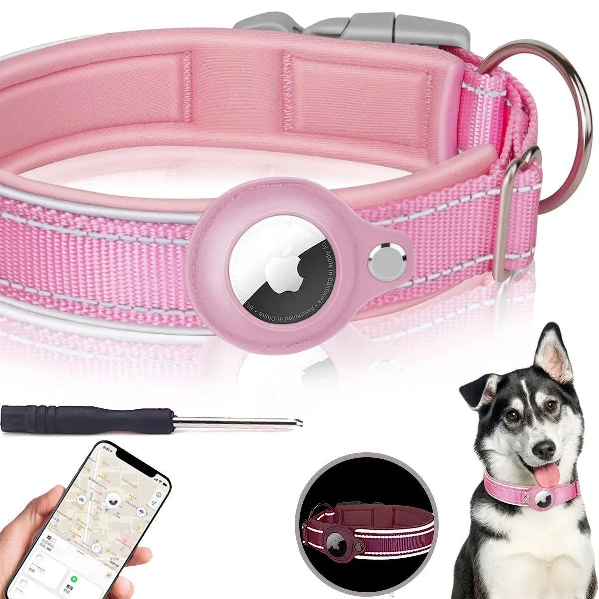 Find-oo Tiere Hundehalsband mit Tracker-Halterung – Reflektierend, Gepolstert & Verstellbar