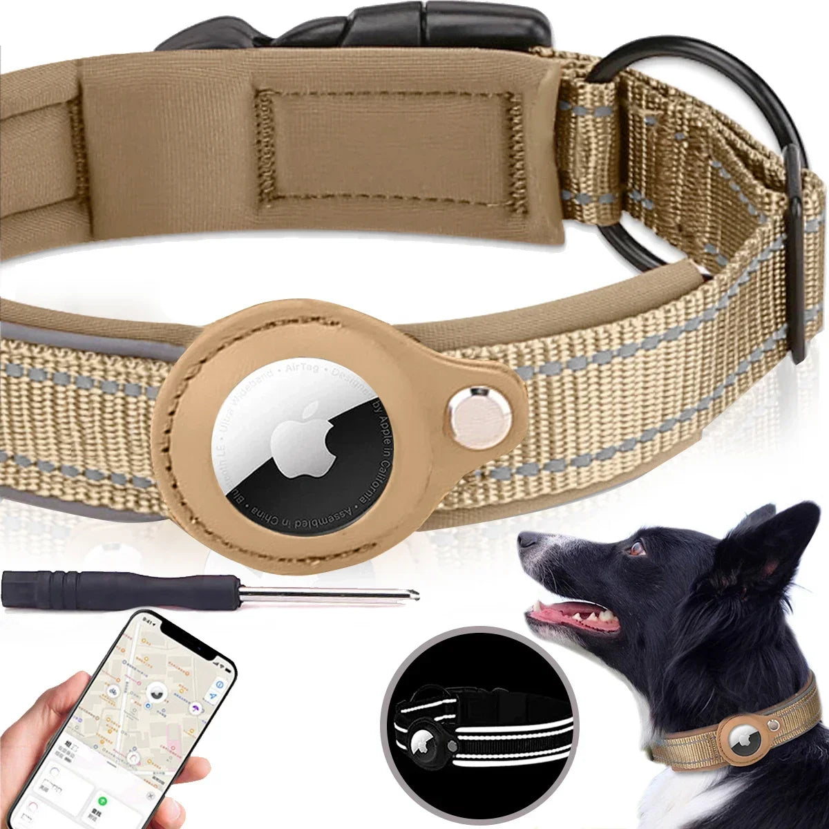 Find-oo Tiere Hundehalsband mit Tracker-Halterung – Reflektierend, Gepolstert & Verstellbar