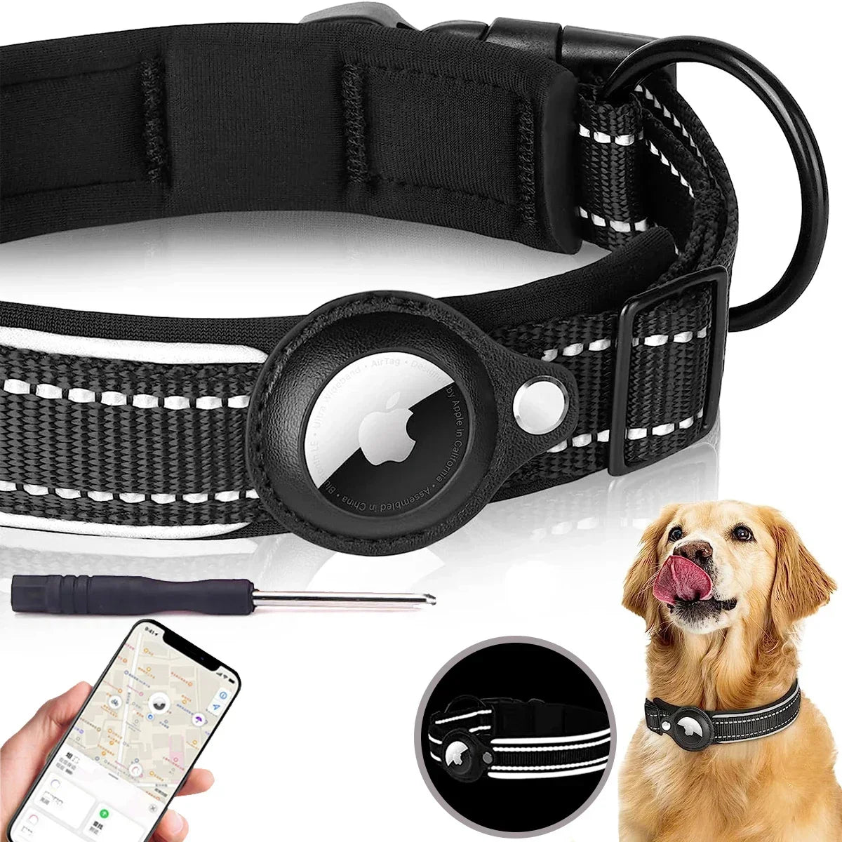 Find-oo Tiere Hundehalsband mit Tracker-Halterung – Reflektierend, Gepolstert & Verstellbar