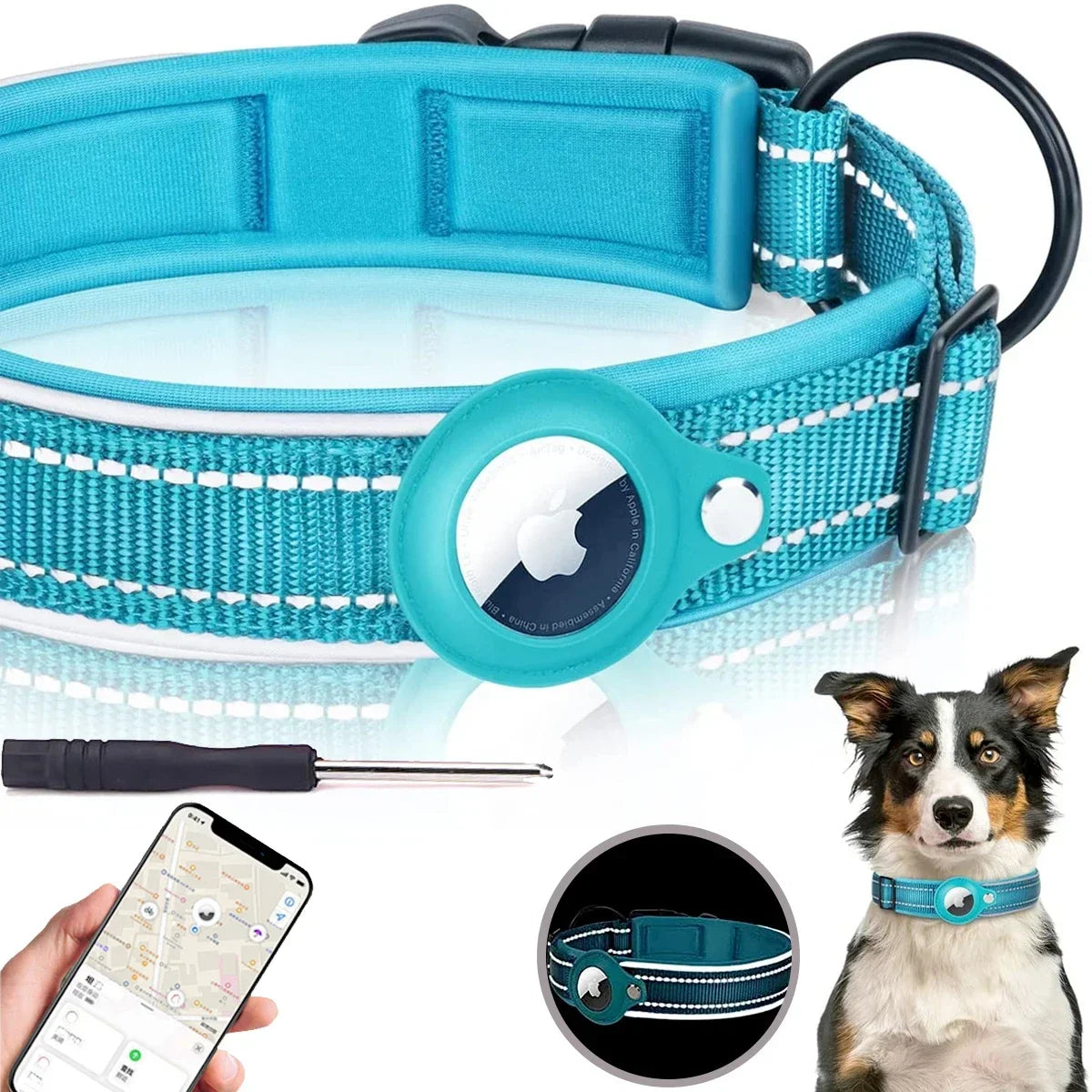 Find-oo Tiere Hundehalsband mit Tracker-Halterung – Reflektierend, Gepolstert & Verstellbar