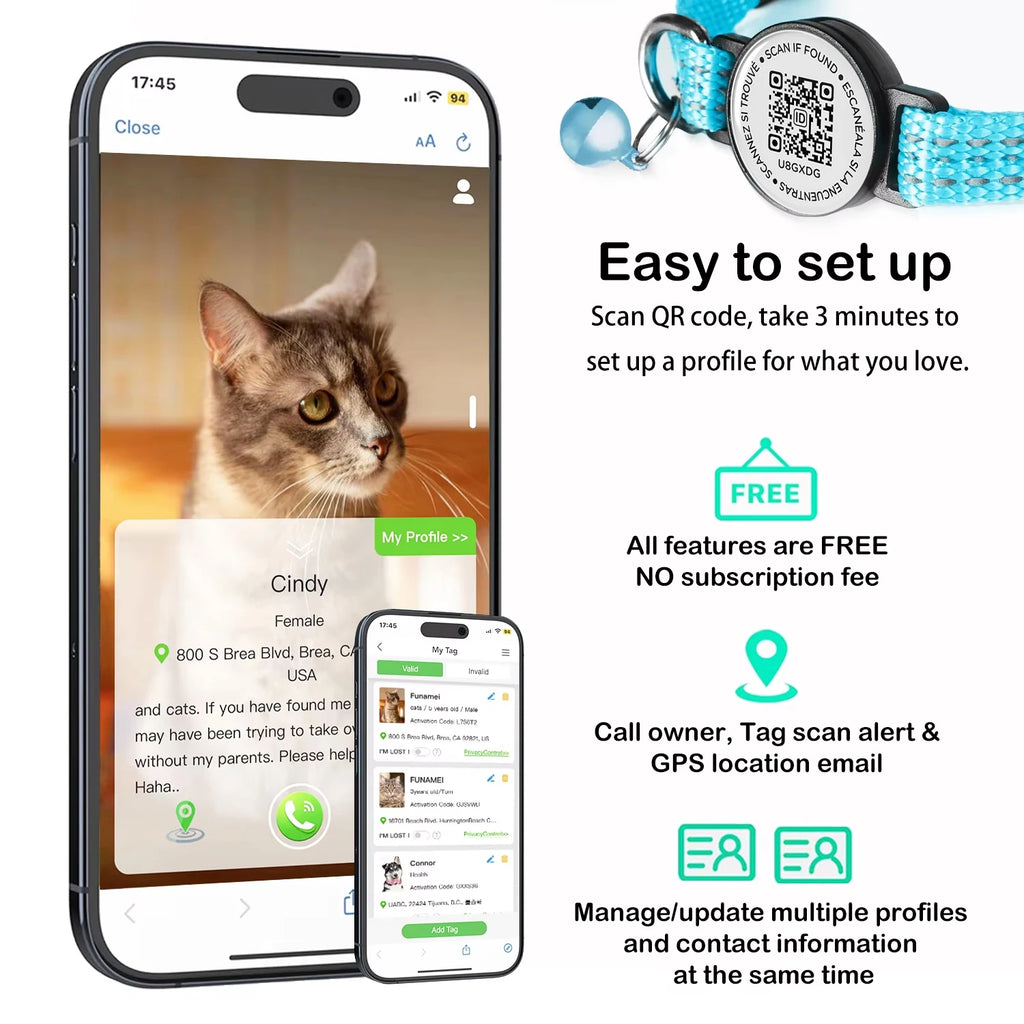 Find-oo Kätzchen Find-oo Katzenhalsband mit QR-Code & Tracker-Halterung – Reflektierend & Sicherheitsverschluss